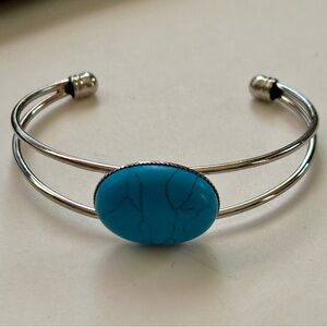 Silver Tone Cuff Bracelet with Turquoise Stone